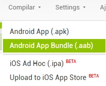 Opção Android App Bundle AAB