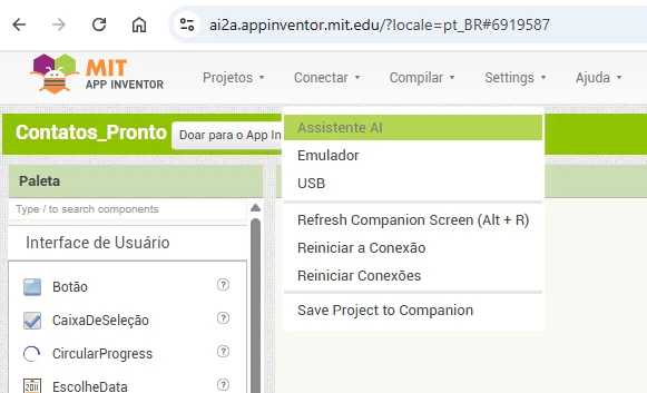 Menu Conectar e opção Assistente AI