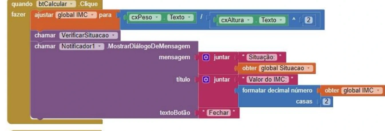 Blocos do botão Calcular do aplicativo de IMC