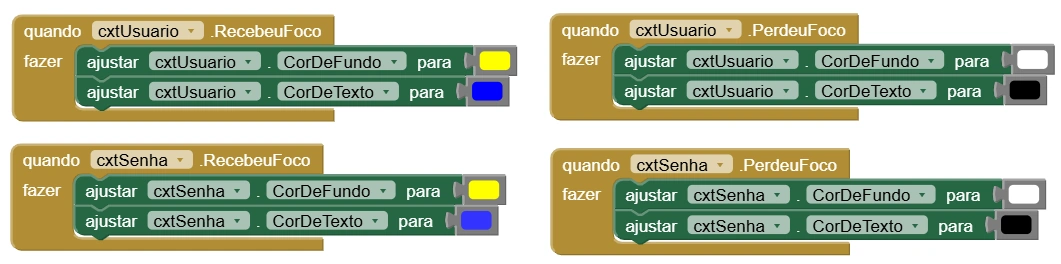 Blocos de foco dos campos usuário e senha