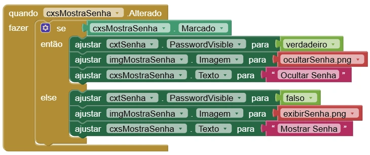 Blocos para mostrar e ocultar a senha