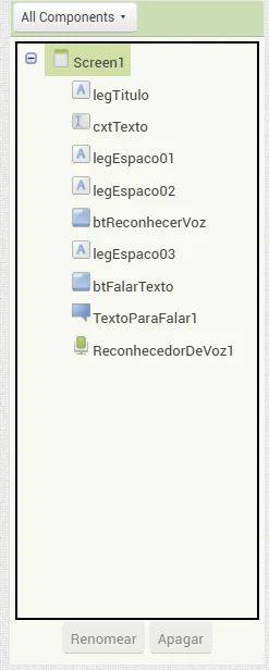 Árvore de componentes do laboratório de voz