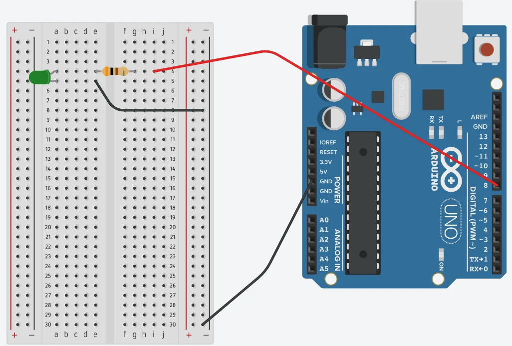 Projeto 2 — Blink: o pino digital 8 controla o LED externo; o retorno do circuito é feito pelo GND da protoboard.