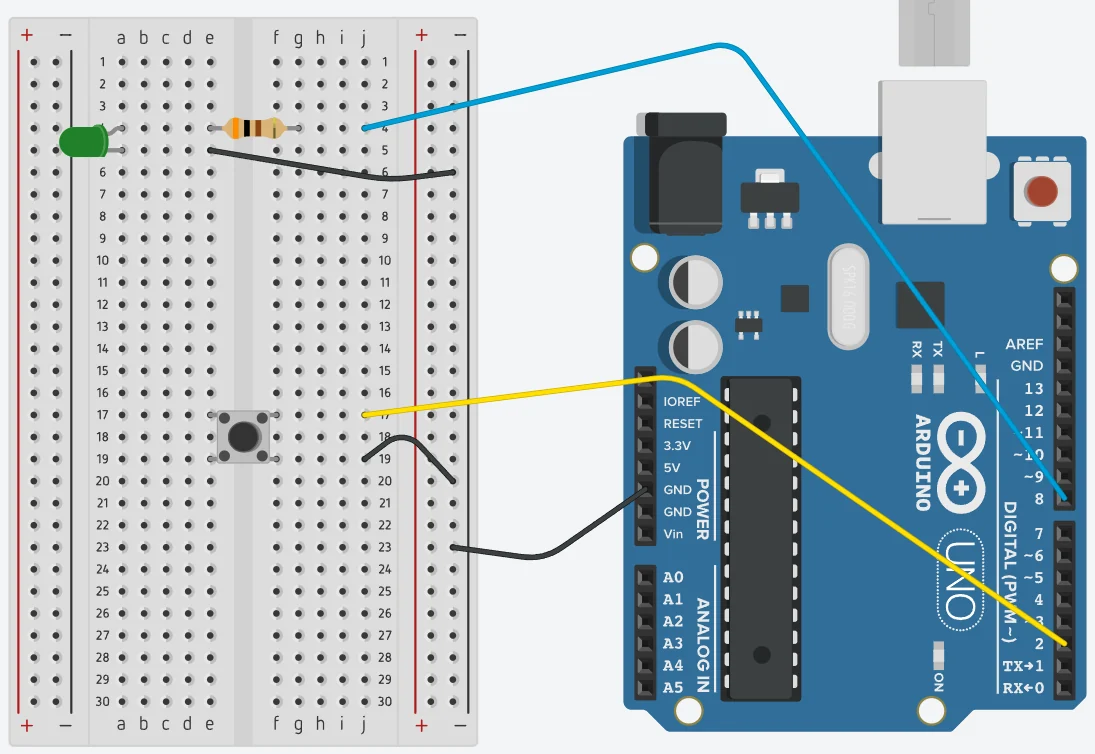 Projeto 3 — Botão com LED: LED no pino 8 e botão no pino 2 usando INPUT_PULLUP, com o botão ligado ao GND quando pressionado.