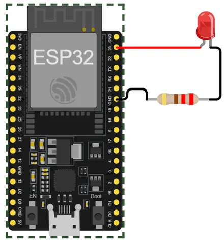 Diagrama da ESP32 DevKit com LED ligado ao GPIO 23 e resistor ligado ao GND.