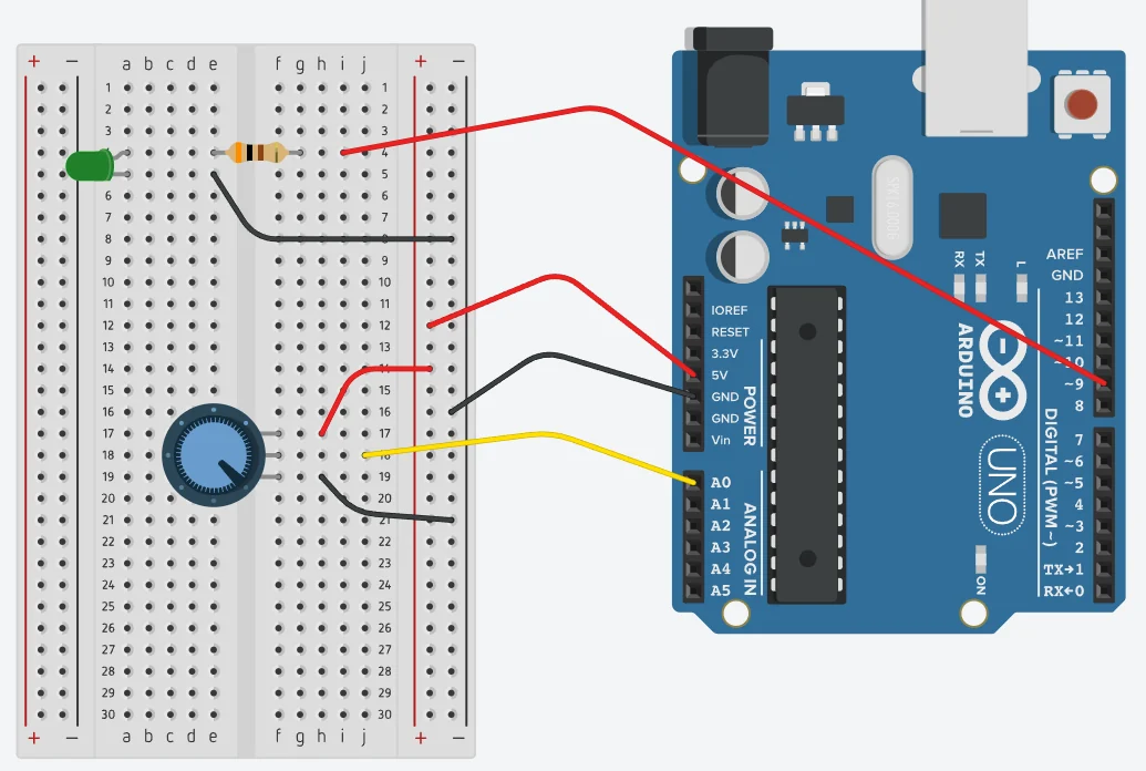 Laboratório 2 — Conversando com o Arduino: circuito do potenciômetro com LED PWM e Monitor Serial exibindo leitura e brilho.