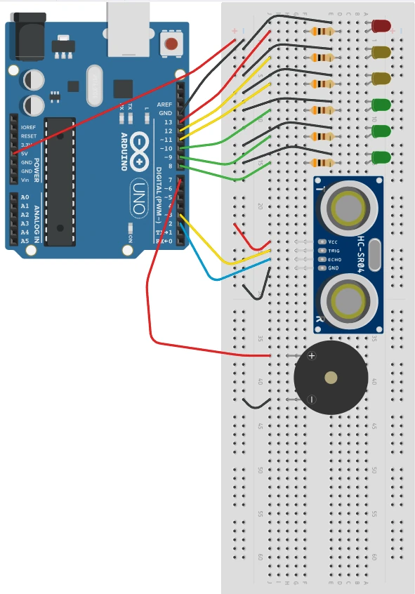 Laboratório 3 — Sensor de ré: Arduino Uno conectado ao HC-SR04, seis LEDs com resistores e um buzzer passivo.