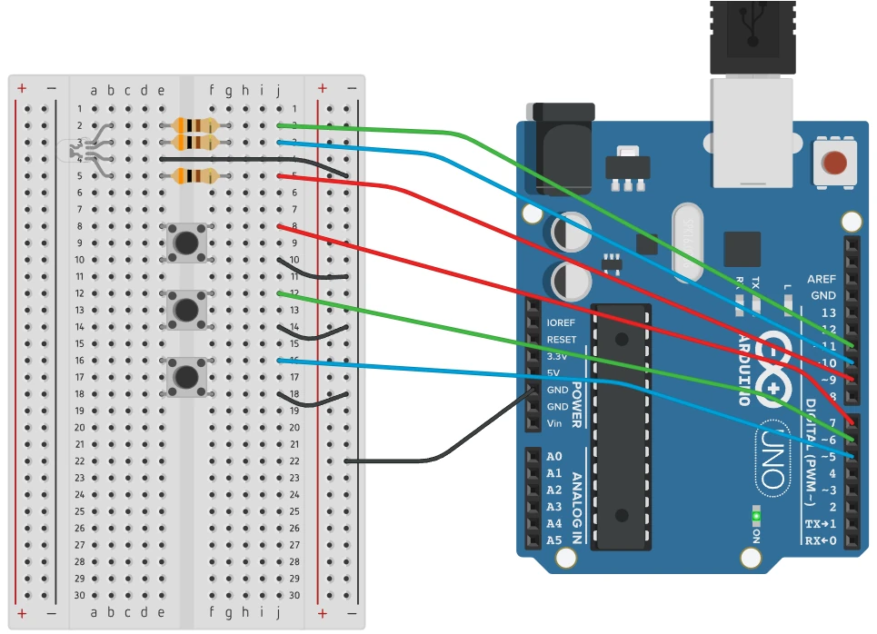 Laboratório 6 — LED RGB de cátodo comum controlado por três botões ligados ao Arduino Uno.