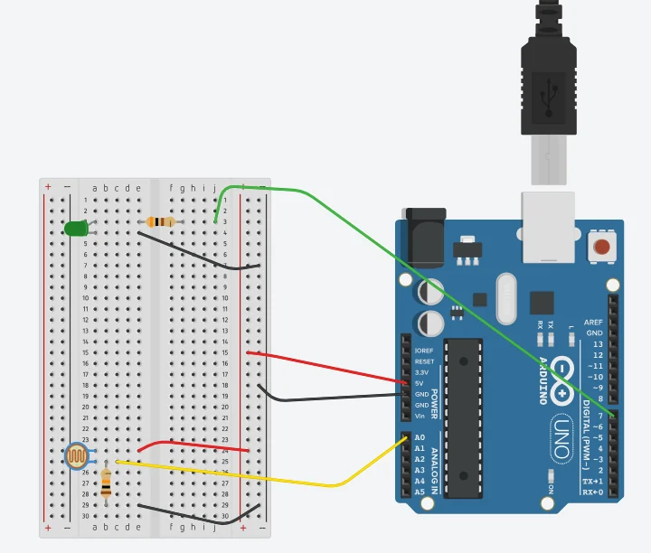 Projeto 6 — Fotoresistor LDR: Arduino Uno com LDR na entrada A0 e LED na porta digital 7.