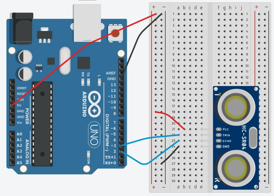 Projeto 7 — Sensor de distância: Arduino Uno ligado ao sensor ultrassônico HC-SR04, com VCC em 5V, GND em GND, TRIG no pino 3 e ECHO no pino 2.