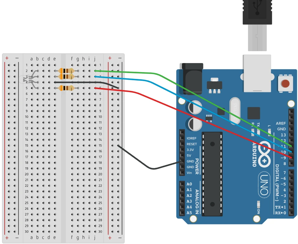 Projeto 10 — LED RGB de cátodo comum ligado ao Arduino Uno, com os canais vermelho, verde e azul protegidos por resistores.
