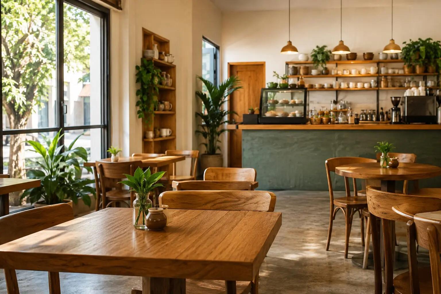 Salão do Café Aurora com mesas de madeira, plantas e balcão ao fundo