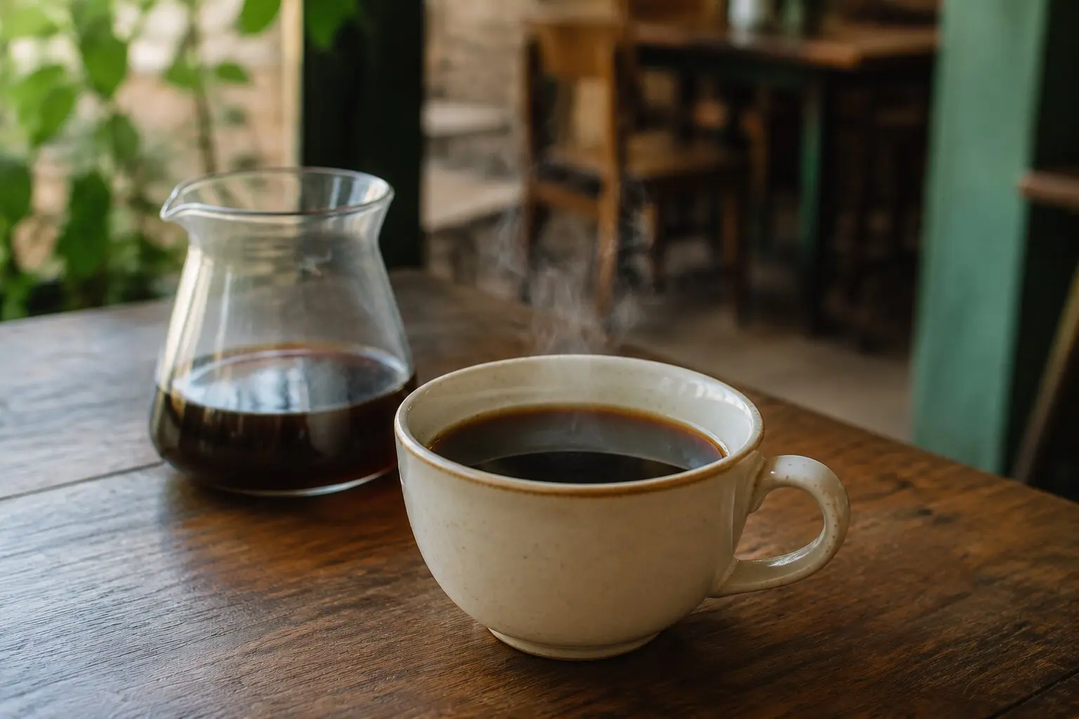 Xícara de café coado ao lado de uma pequena jarra
