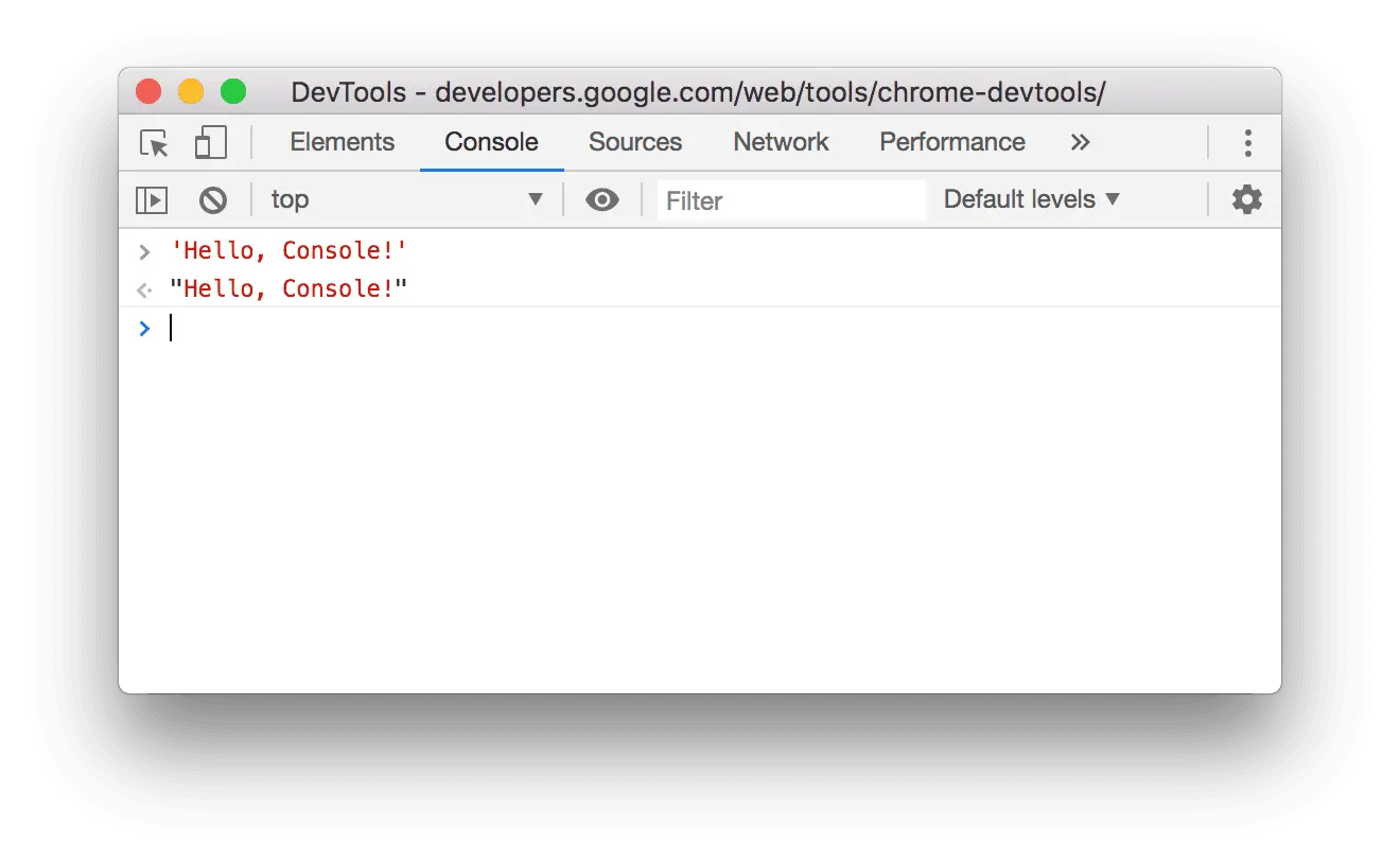 Painel Console do Chrome DevTools exibindo uma mensagem e a linha para executar JavaScript
