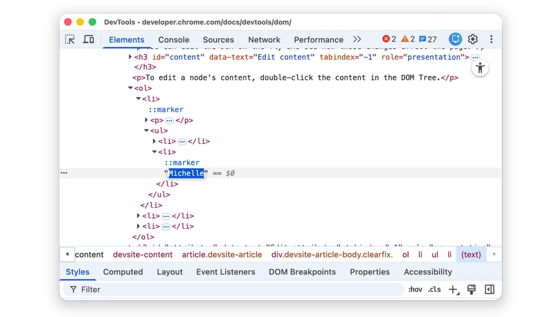 Chrome DevTools no painel Elements com o texto de um elemento HTML em edição