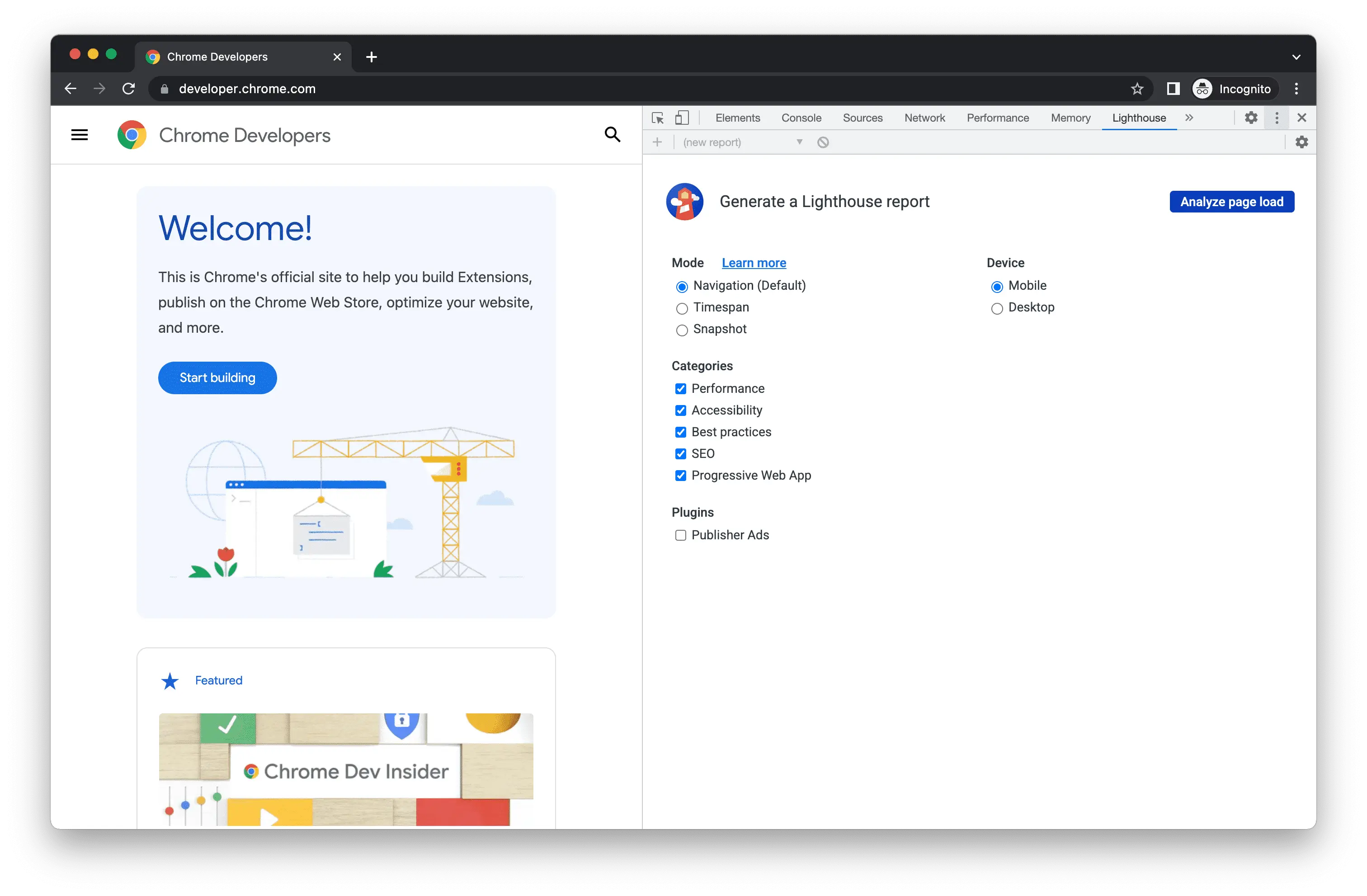 Chrome DevTools aberto na guia Lighthouse com opções de dispositivo e categorias de auditoria
