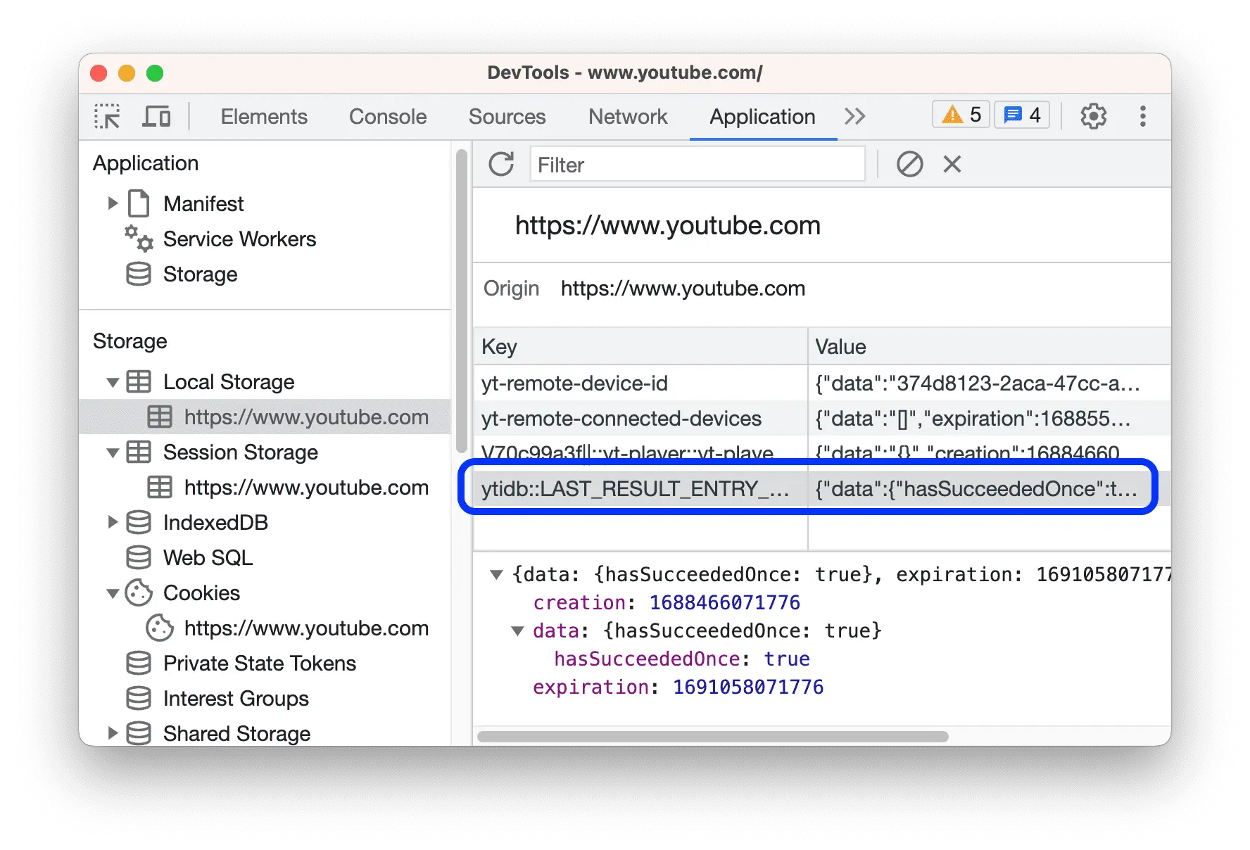 Chrome DevTools no painel Application com Local Storage aberto e uma tabela de chaves e valores