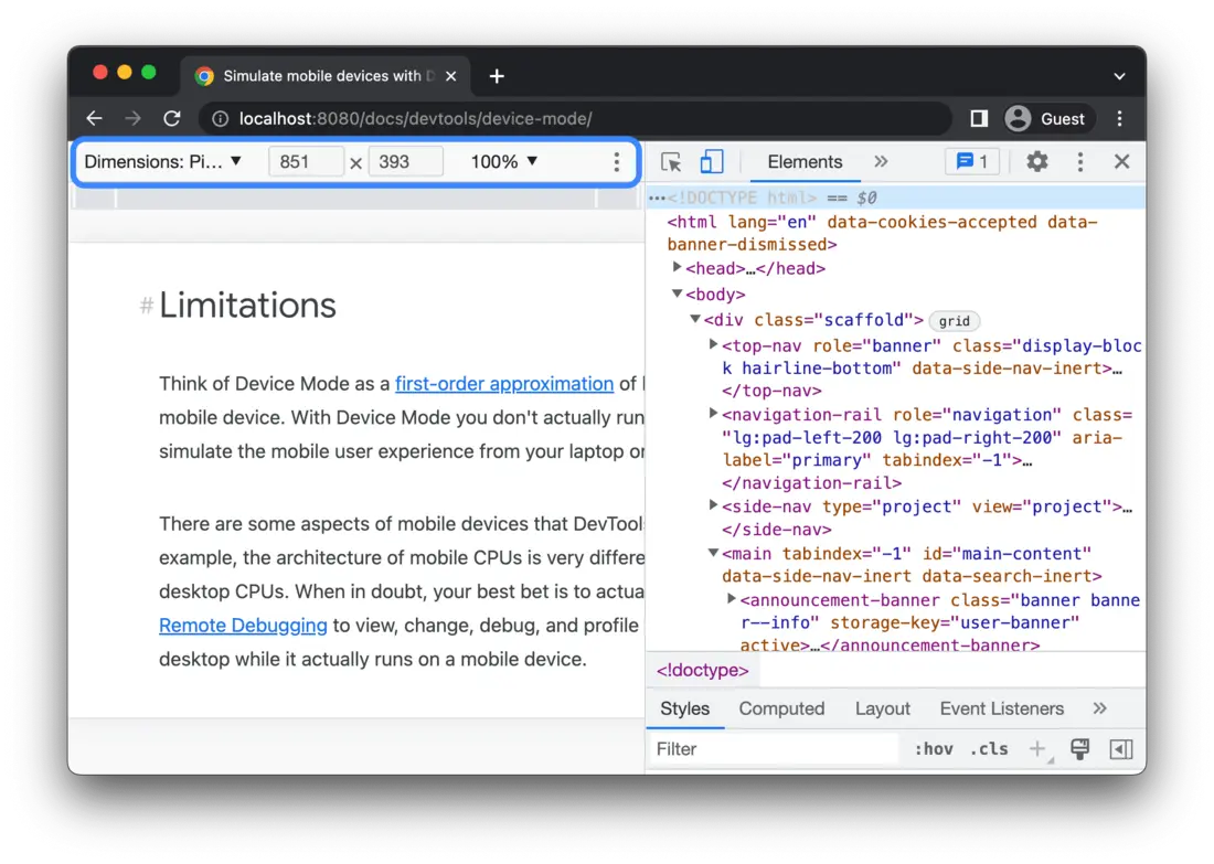 Chrome DevTools com a barra de dispositivos e uma página exibida em largura móvel