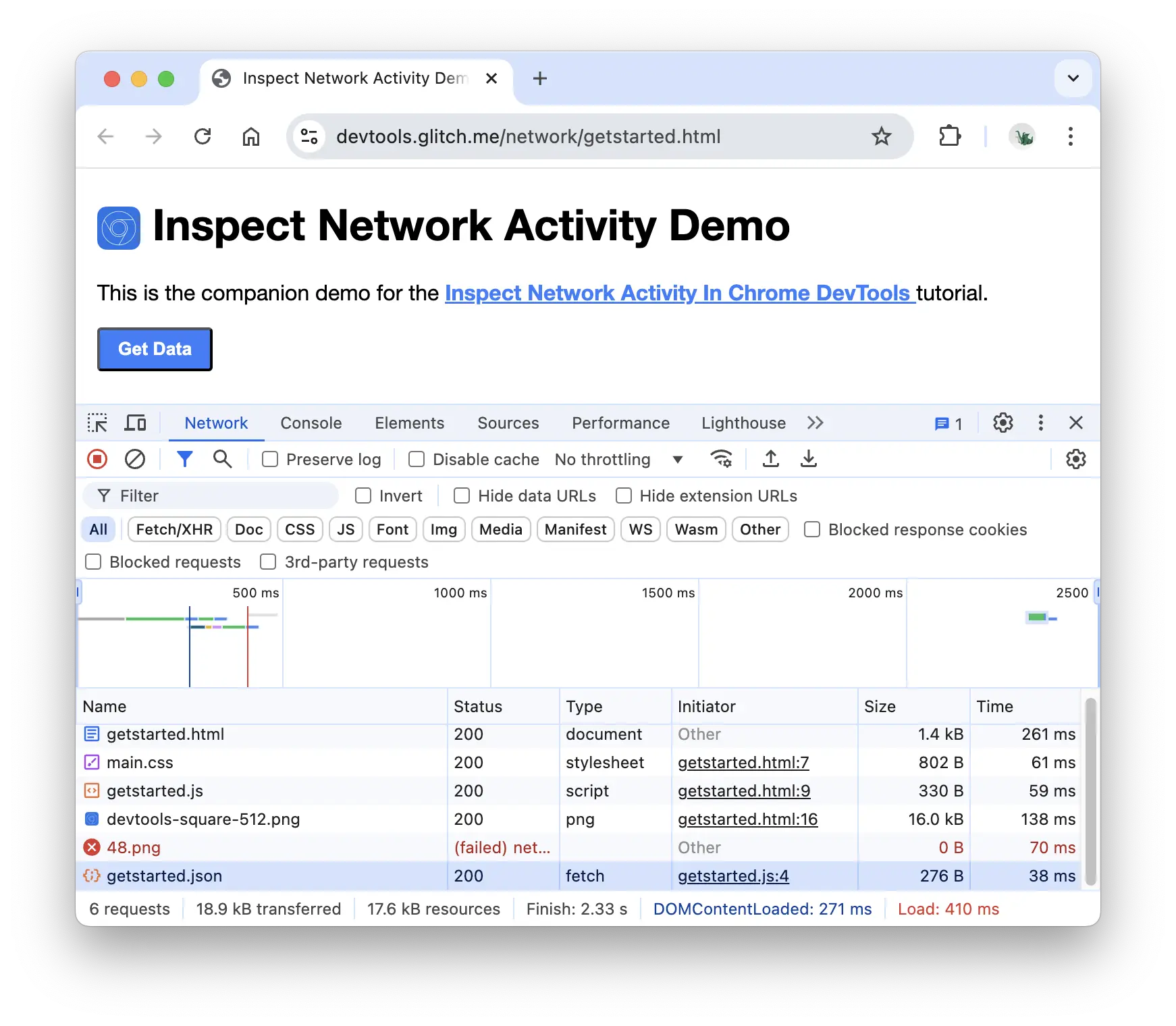 Chrome DevTools com o painel Network aberto e uma lista de requisições com status, tipo, tamanho e tempo