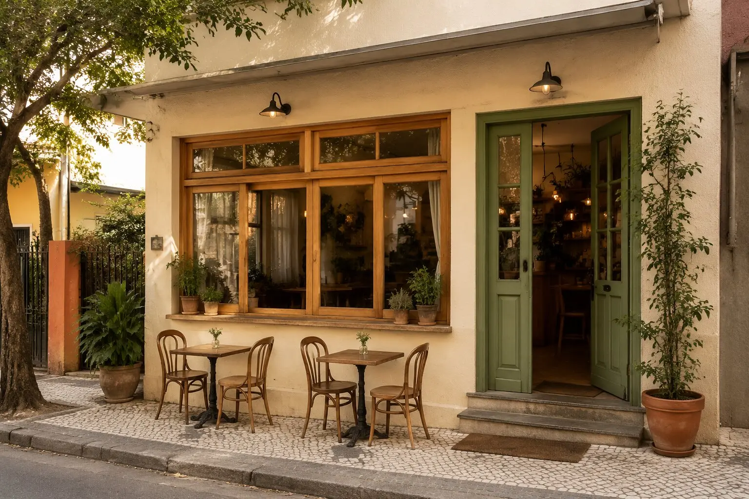 Fachada clara do Café Aurora com porta verde, janelas de madeira, plantas e mesas externas