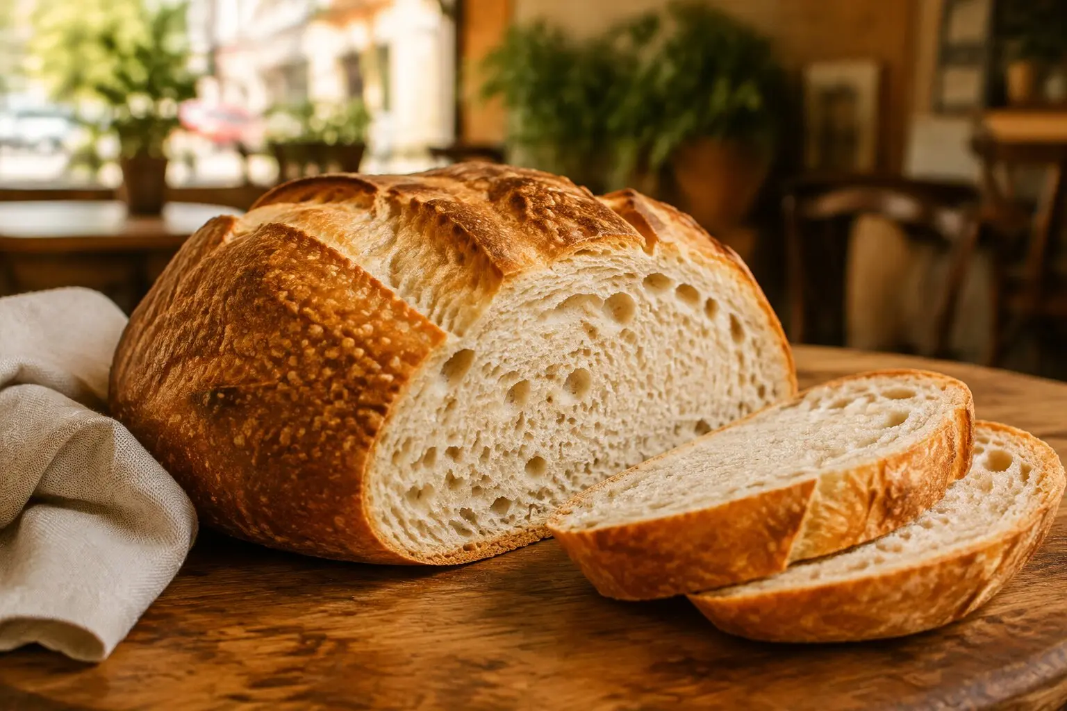 Pão artesanal cortado sobre uma mesa de madeira