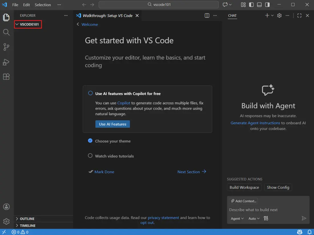 VS Code com uma pasta de projeto aberta no painel Explorer à esquerda