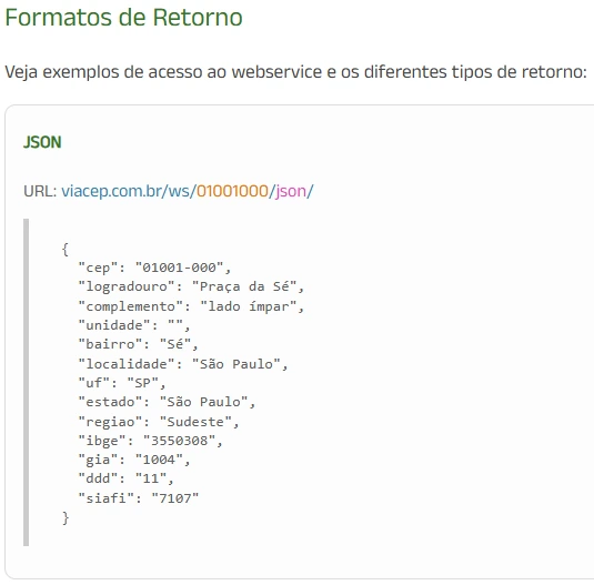 Resposta JSON do ViaCEP
